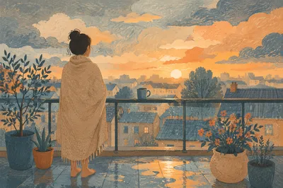 Peaceful Sunrise After Storm on Balcony