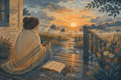 Peaceful Sunrise After Storm on Country Porch