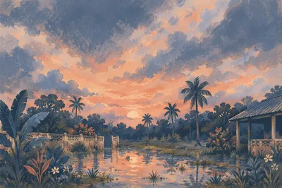 Peaceful Sunrise After Storm in Tropical Garden