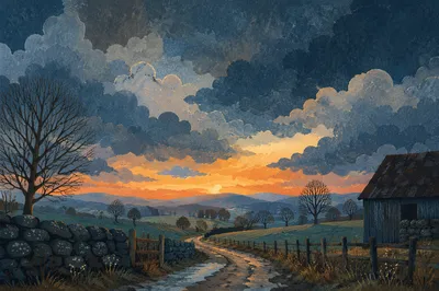 Peaceful Rural Sunrise After Storm