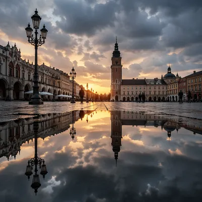 Peaceful Sunrise After Storm in European Square