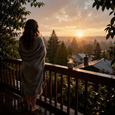 Peaceful Sunrise After Storm on Balcony