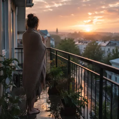 Peaceful Sunrise After Storm on Balcony