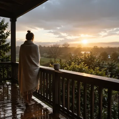 Peaceful Sunrise After Storm on Porch
