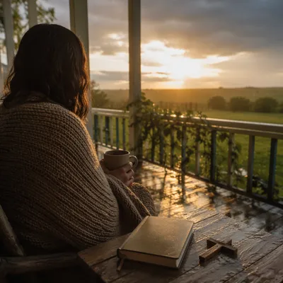 Peaceful Sunrise After Storm on Farmhouse Porch