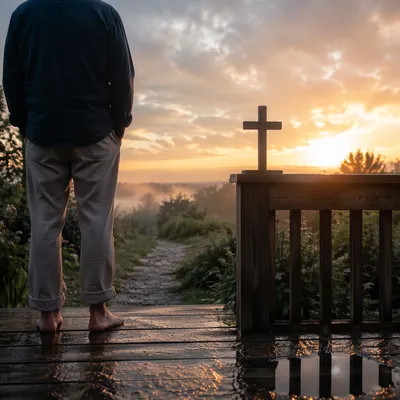 Peaceful Sunrise After Storm with Wooden Cross
