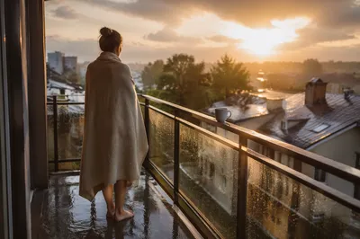 Peaceful Sunrise After Storm on Balcony