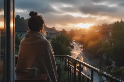 Peaceful Sunrise After Storm on Balcony