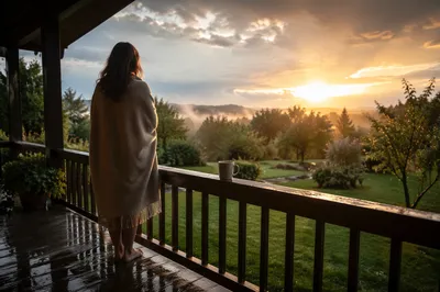 Peaceful Sunrise After Storm on Porch