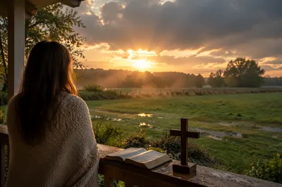 Peaceful Sunrise Prayer on Rainy Farmhouse Porch