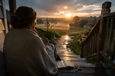 Peaceful Sunrise After Storm on Countryside Porch