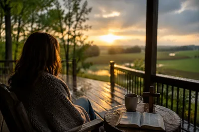 Peaceful Sunrise After Storm on Rural Porch