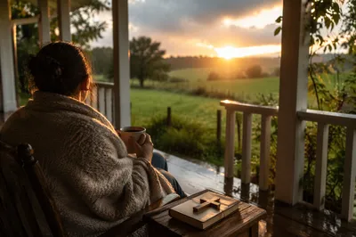 Peaceful Sunrise After Storm on Farmhouse Porch