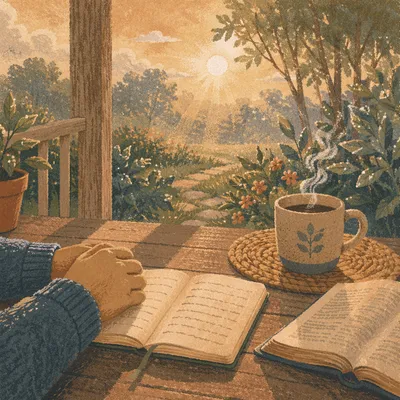 Peaceful Sunrise Devotion on Wooden Porch
