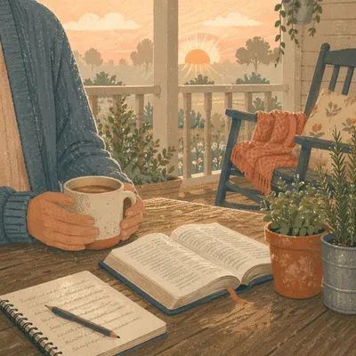 Sunrise Devotion on a Quiet Wooden Porch