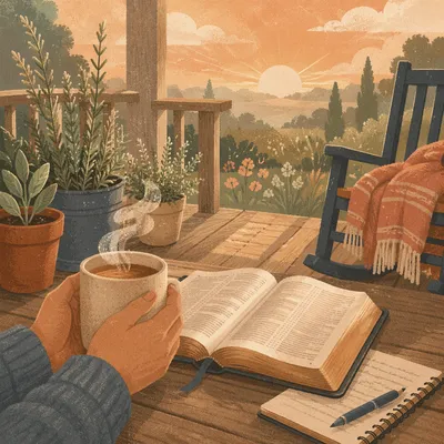 Peaceful Sunrise Devotion on Wooden Porch