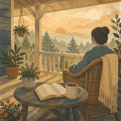 Peaceful Sunrise Devotion on Wooden Porch
