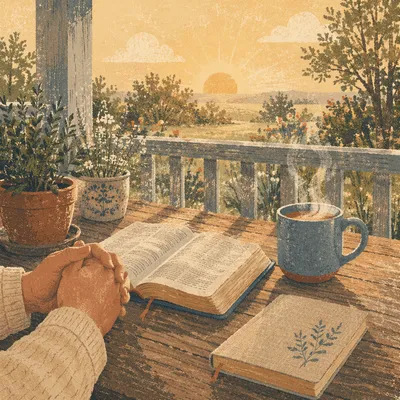 Sunrise Porch Devotion with Bible and Coffee