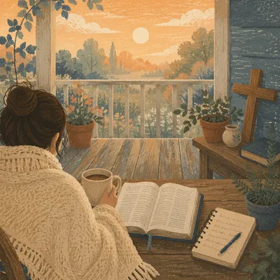 Sunrise Morning Devotion on Rustic Porch