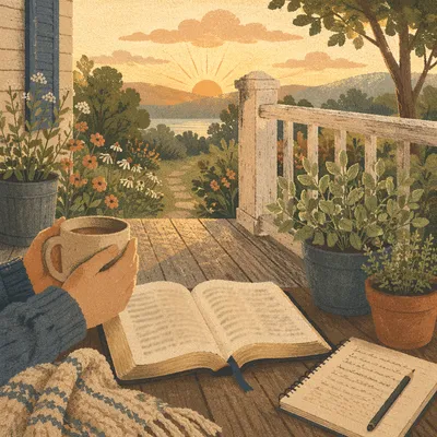 Sunrise Morning Devotion on Rustic Porch