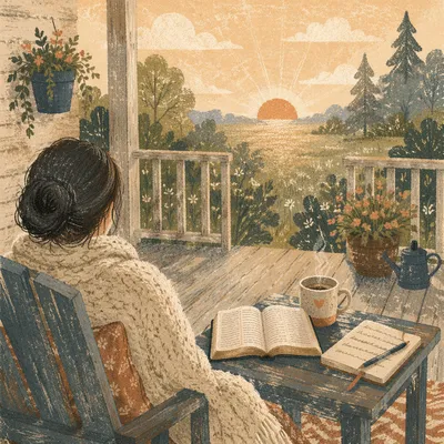 Sunrise Porch Devotion with Bible and Mug