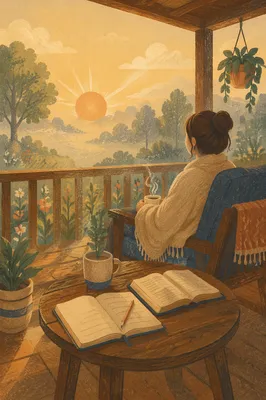 Peaceful Sunrise Devotion on Wooden Porch