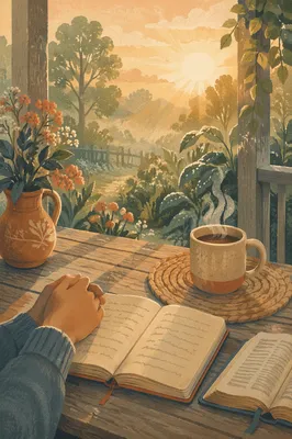 Sunrise Morning Devotion on Wooden Porch