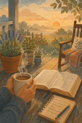 Sunrise Porch Devotion with Bible and Mug