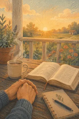 Sunrise Porch Devotion with Bible and Coffee