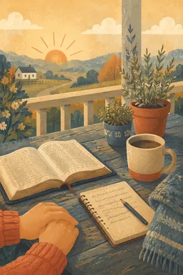 Sunrise Porch Devotion with Bible and Coffee