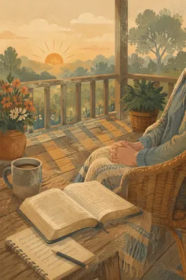 Sunrise Morning Devotion on Wooden Porch