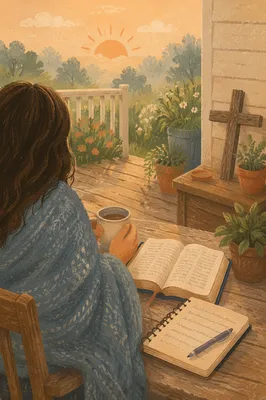 Sunrise Morning Devotion on Rustic Porch
