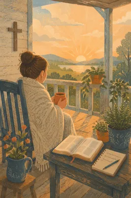 Sunrise Morning Devotion on Wooden Porch