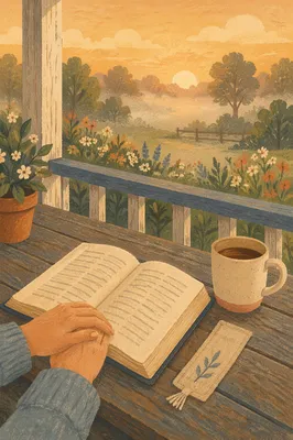 Peaceful Sunrise Devotion on Rustic Porch