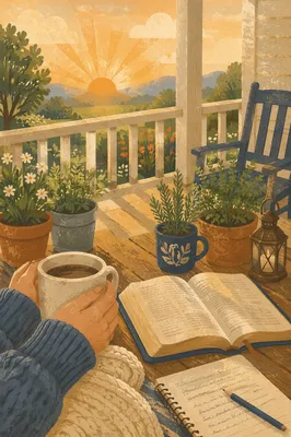 Sunrise Porch Devotion with Bible and Mug