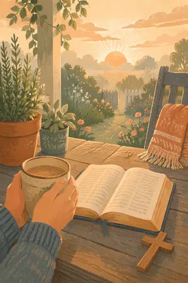 Sunrise Porch Devotion with Bible and Mug