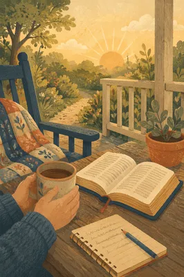 Sunrise Porch Devotion with Bible and Mug