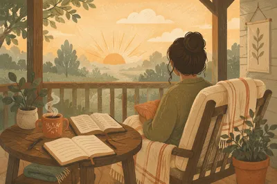 Peaceful Sunrise Devotion on Wooden Porch