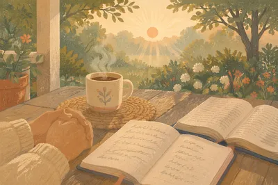 Peaceful Sunrise Devotion on Wooden Porch
