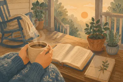 Peaceful Sunrise Devotion on Rustic Porch