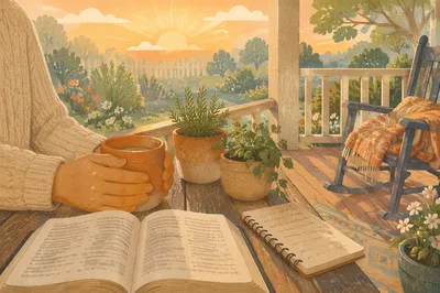 Peaceful Sunrise Devotion on Wooden Porch