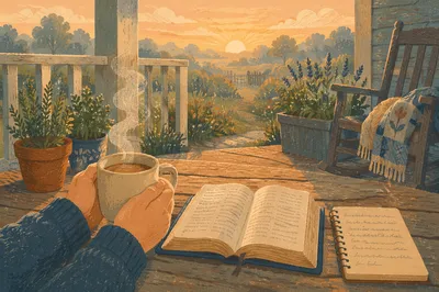 Sunrise Porch Devotion with Bible and Mug