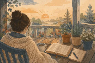 Peaceful Sunrise Devotion on Wooden Porch