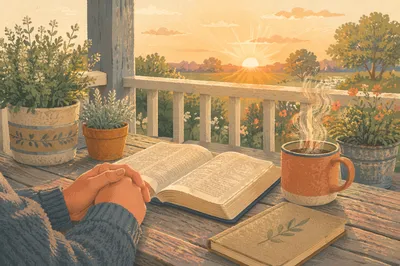 Sunrise Devotion on Rustic Farmhouse Porch