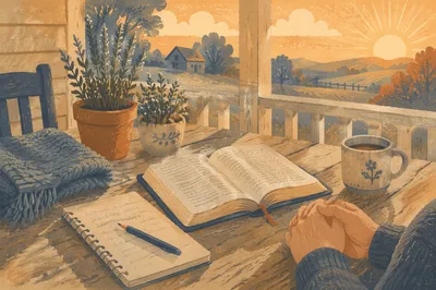 Sunrise Porch Devotion with Bible and Mug