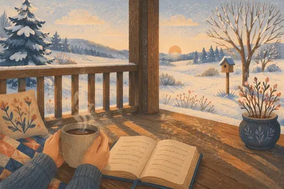 Sunrise Devotion on Snowy Cabin Porch