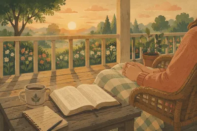 Sunrise Morning Devotion on Wooden Porch