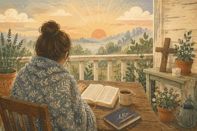 Peaceful Sunrise Devotion on Rustic Porch