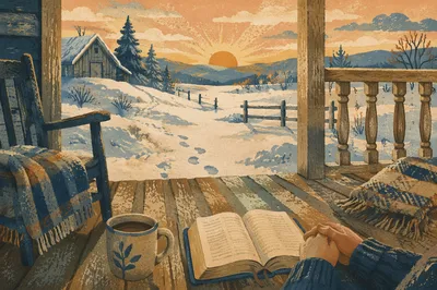Sunrise Devotion on a Snowy Porch