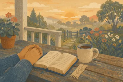 Peaceful Sunrise Devotion on Rustic Porch